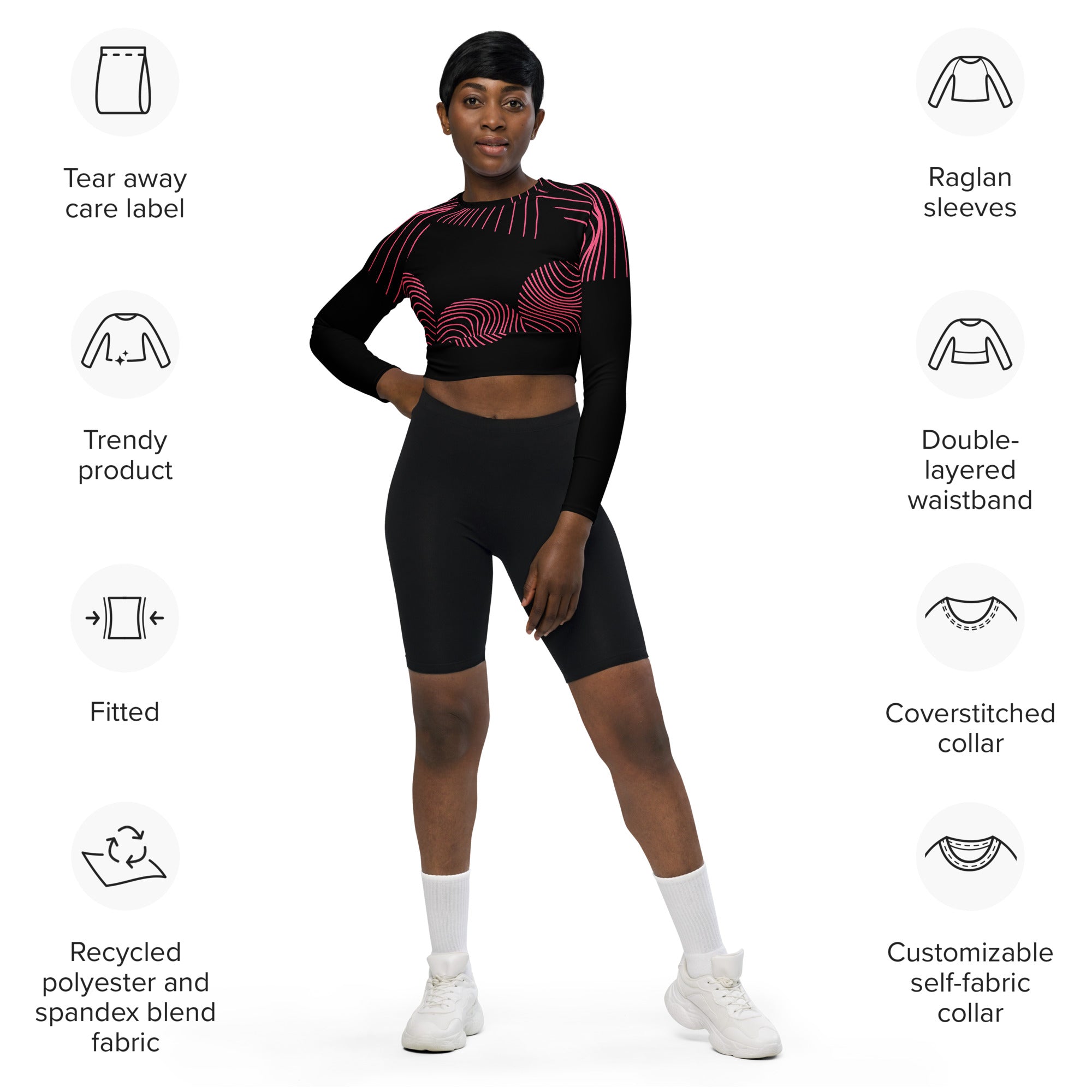 Activewear long-sleeve crop top. Yoga or Gym or Dance crop top. Streetwear top. RippleFX by WickedYo.